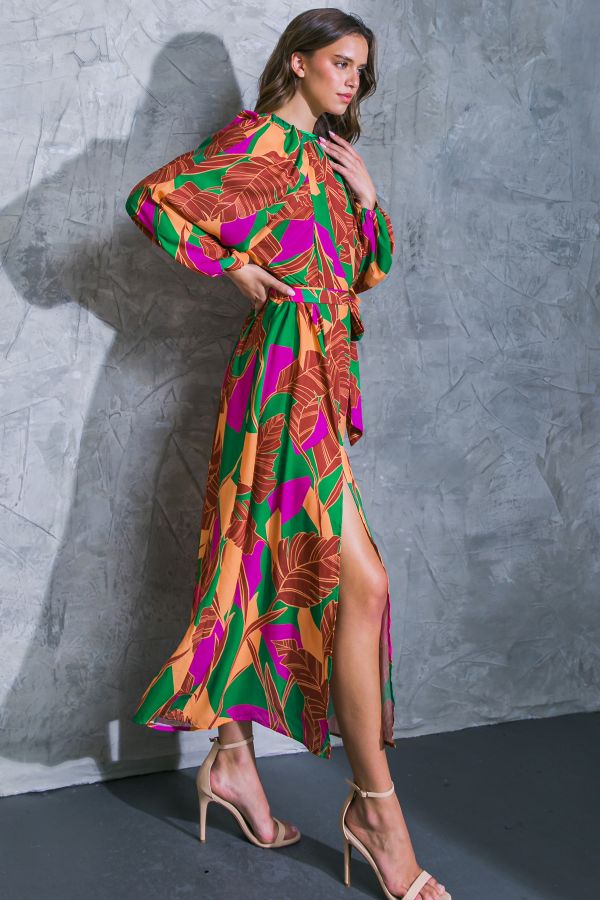 Women's Flying Tomato Leaf Print Gathered Neckline Midi Dress