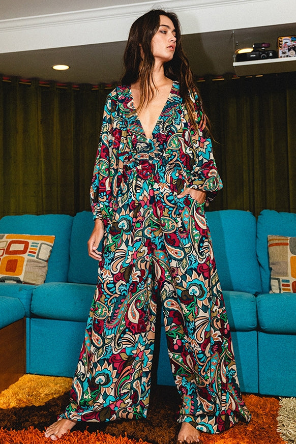 Women's Bucketlist Paisley Smocked Ruffled V-Neck Jumpsuit Teal multi-color - Miss Dressy 