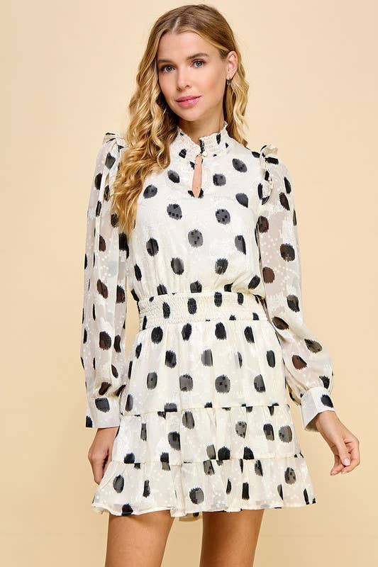 Women's Long Sleeved Polka Dot Mini Smocked Waist Dress