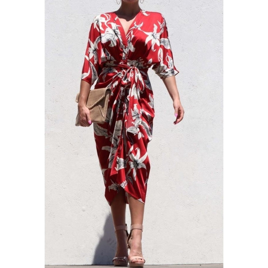Women's Esmeray Red Floral V-Neck Button Down Waist Tie Midi Dress