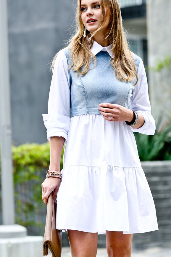 Women's Washed denim contrast poplin mini dress