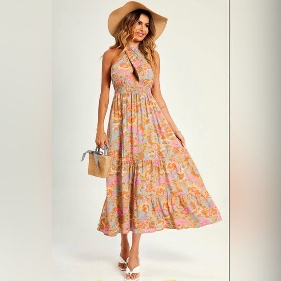 Women's FS Collection Pink flora women’s halter neck, front criss cross tie back maxi dress - Miss Dressy 