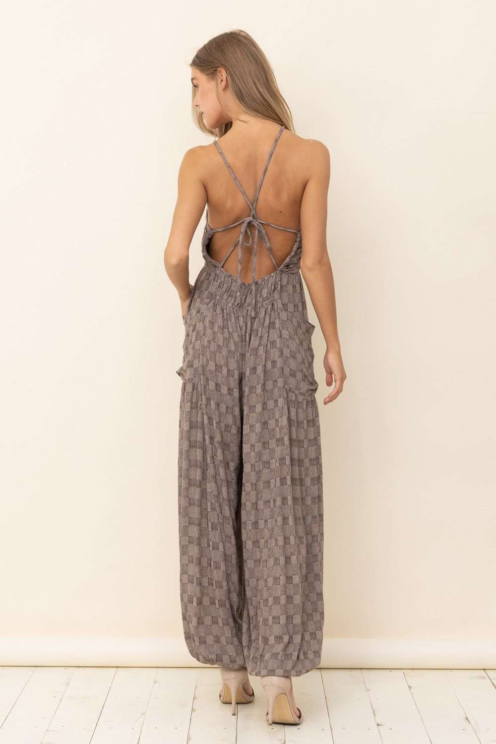 Women's In the Beginning Black Print Criss Cross Harem Jumpsuit
