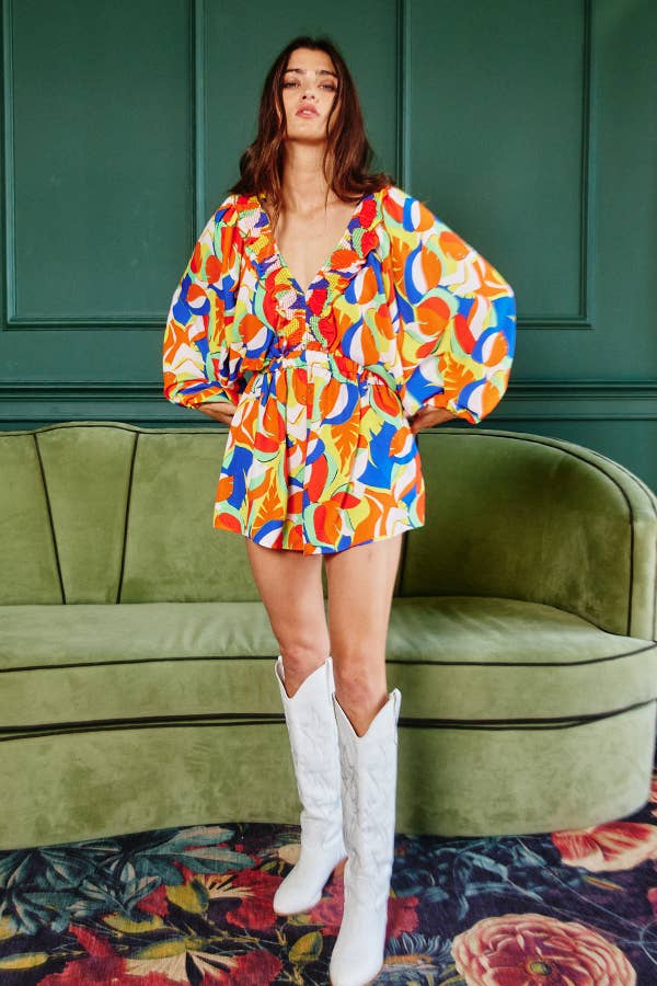 Women's Bucketlist Smocked V-Neck Ruffled Leaf Print Romper - Miss Dressy 