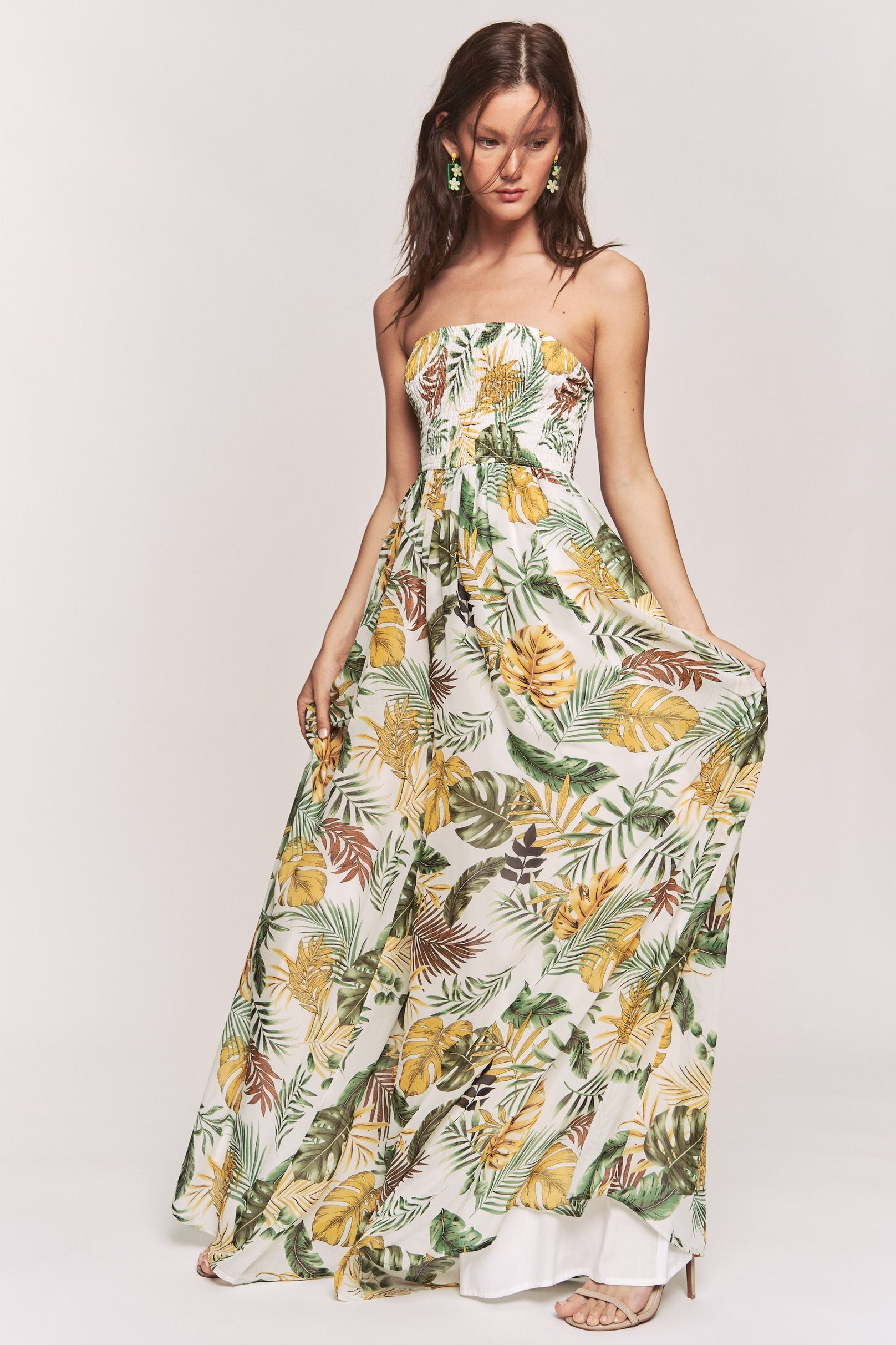 Women's Hers & Mine Leaf Print Smocked Tube Top Wide Leg Jumpsuit - Miss Dressy 