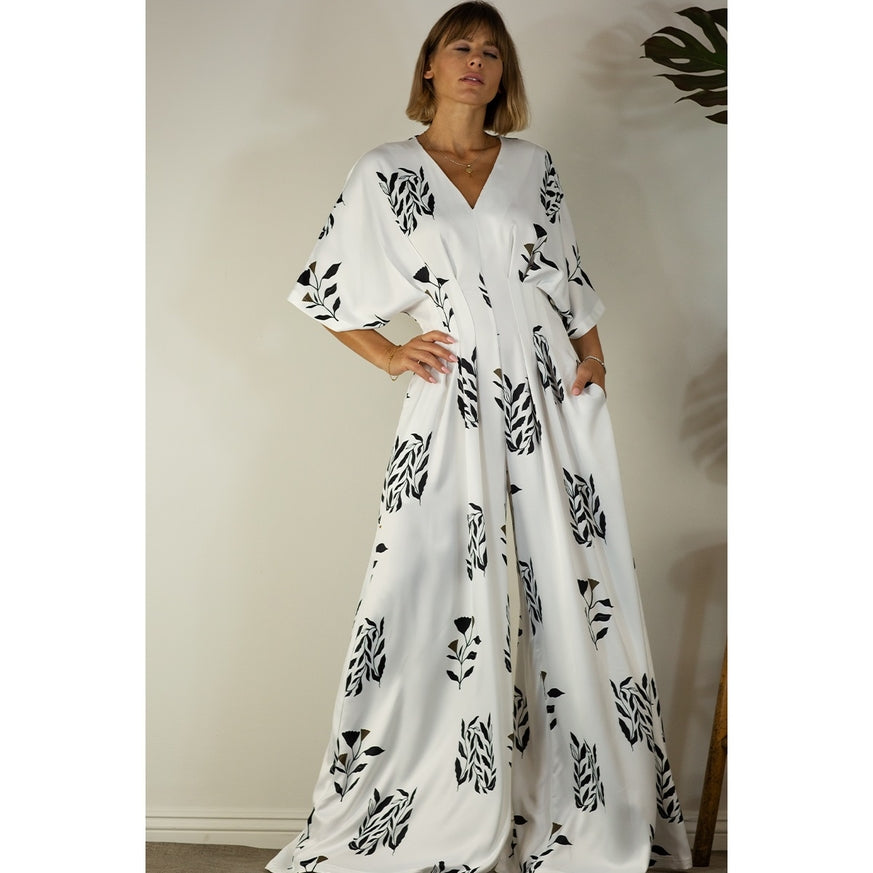 Women's Mulla Pleated Jumpsuit with Black Floral Print - Miss Dressy 