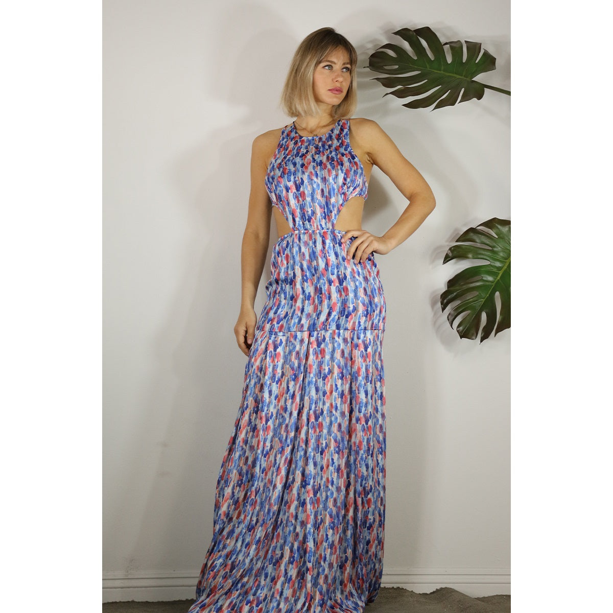 Women's Mulla Drop Print Back Open Maxi Dress in multi-blue pattern - Miss Dressy 