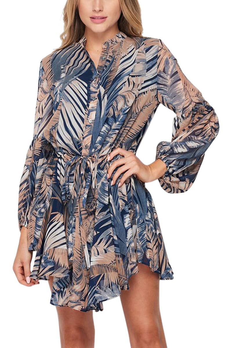 Women's Long Sleeved Palm Print Button Down flowy mini dress