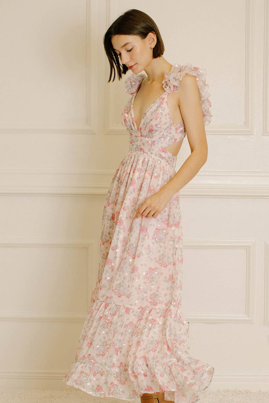Women's Storia Floral Tiny Flowers Maxi Dress with criss-cross back tie - Miss Dressy 