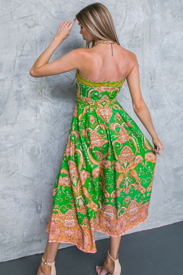 Women's Flying Tomato Strapless Green Print Midi Dress