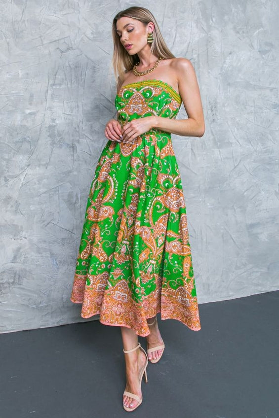 Women's Flying Tomato Strapless Green Print Midi Dress