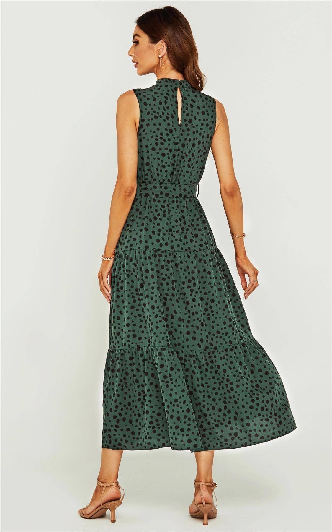 Women’s FS Collection Halter neck Maxi layer dress; green & black leopard print tie waist - Miss Dressy 