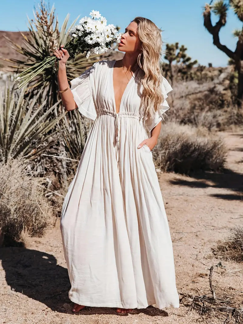 Women's Plunging Neckline Drawstring Cover Up Maxi Dress / Apricot Linen