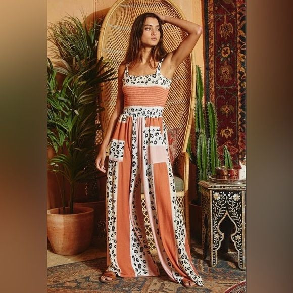 Women's Bucketlist Animal Print Smocked Bodice Jumpsuit in salmon - Miss Dressy 