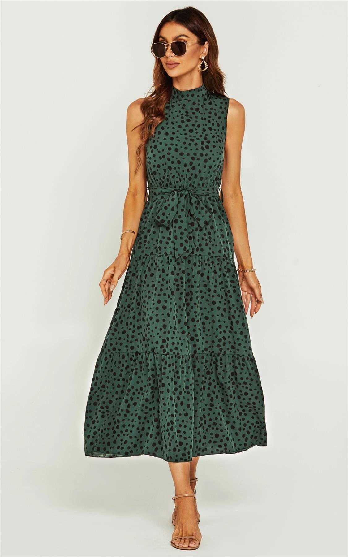 Women’s FS Collection Halter neck Maxi layer dress; green & black leopard print tie waist - Miss Dressy 