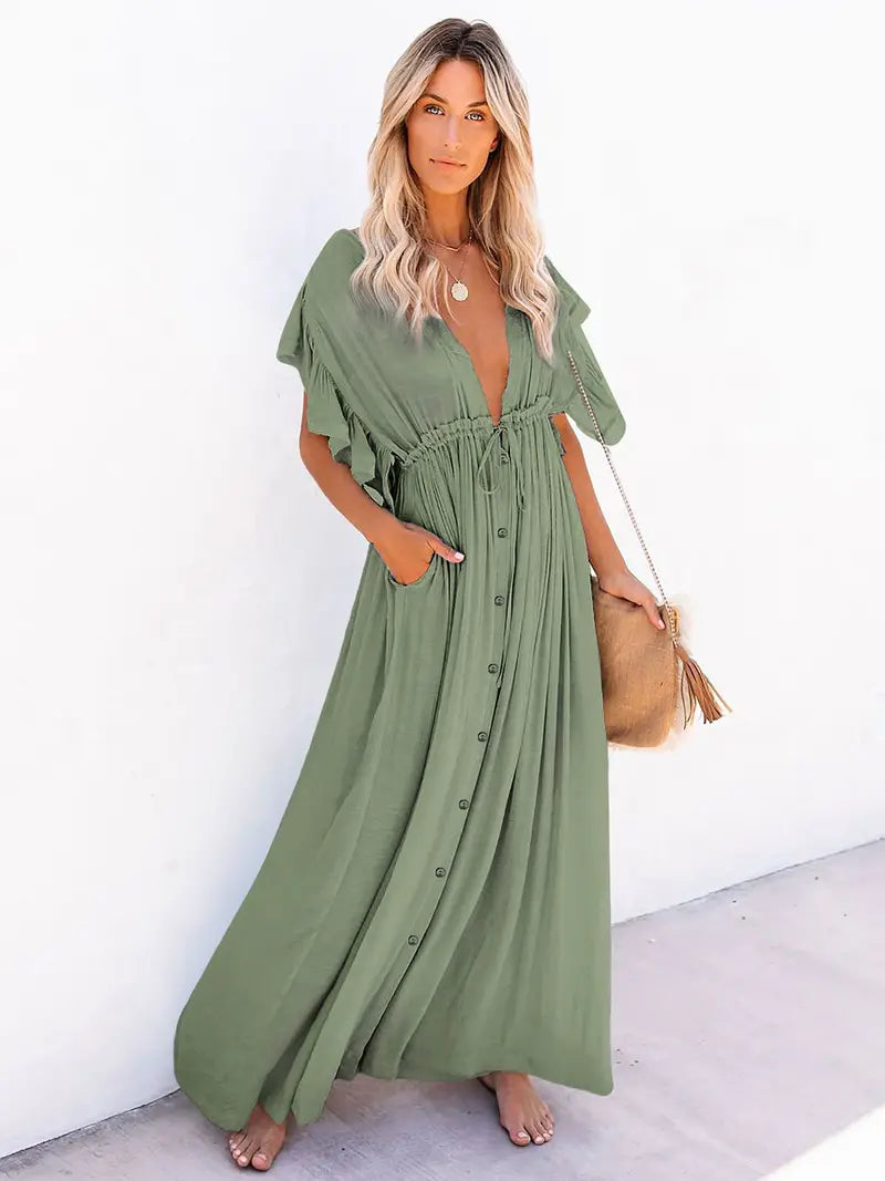 Women's Plunging Neckline Drawstring Cover Up Maxi Dress / Army Green