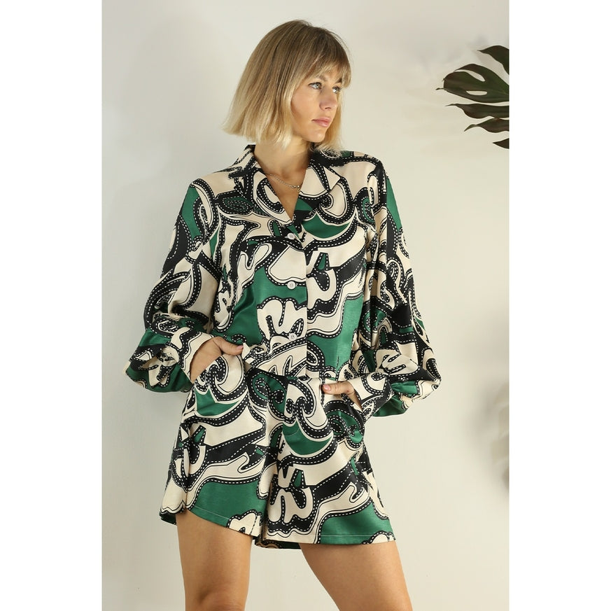Women's Mulla Green Patterned Shirt & Short Set - Miss Dressy 
