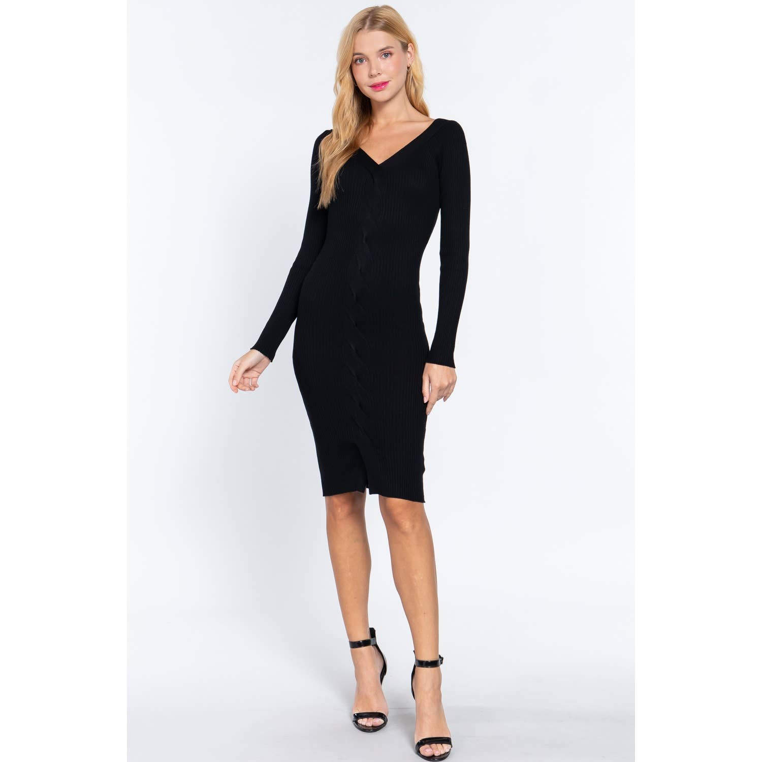 black sweater dress v neck Women's Solid Color v-Neck Maxi Knitted Dress Long-Sleeved Sweater Dress Ribbed Knit Dresses for Winter (Black,S,US,Alpha,Small,Regular,Regular) at Amazon Women's Clothing store