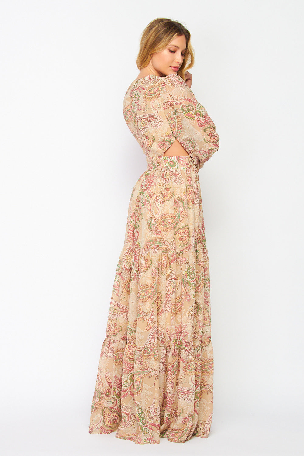 Women's Faith Apparel O-Ring Cut Out Taupe Paisley Print Maxi Dress - Miss Dressy 