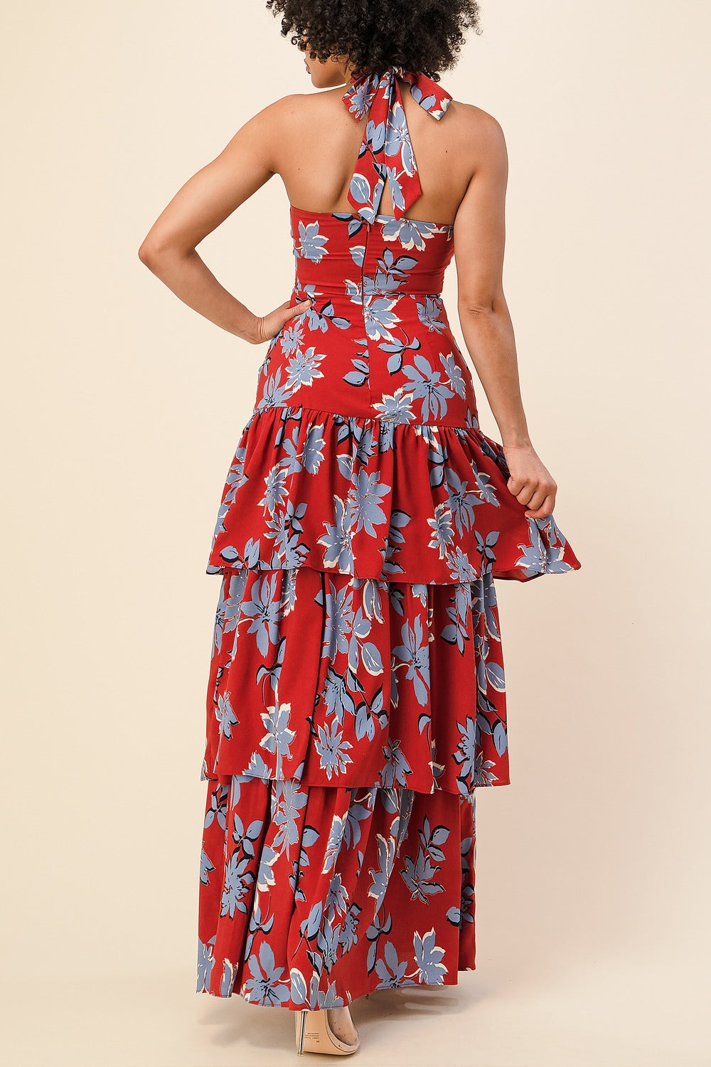 Women's Rust and Blue Floral Halter Neck Maxi Dress