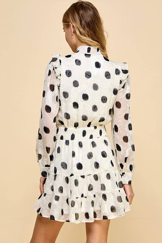 Women's Long Sleeved Polka Dot Mini Smocked Waist Dress