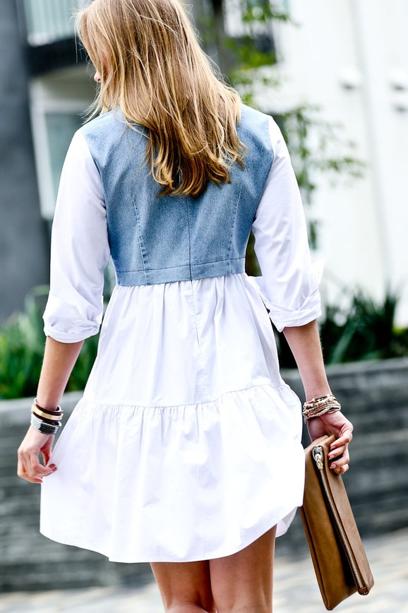 Women's Washed denim contrast poplin mini dress