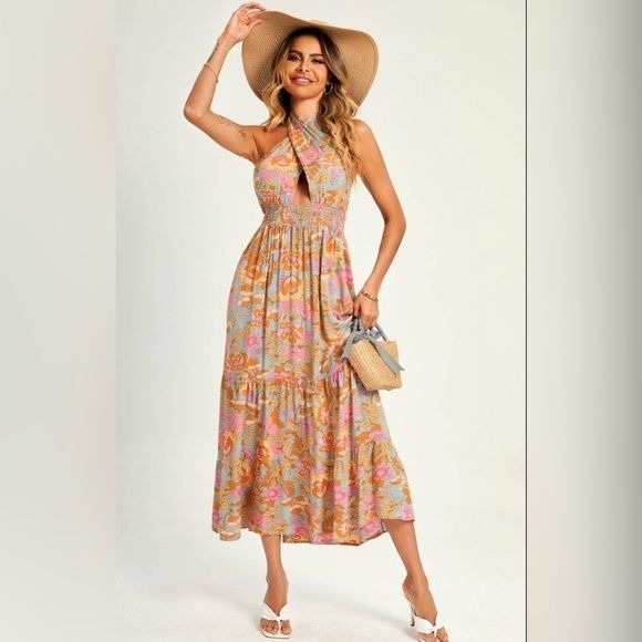 Women's FS Collection Pink flora women’s halter neck, front criss cross tie back maxi dress - Miss Dressy 
