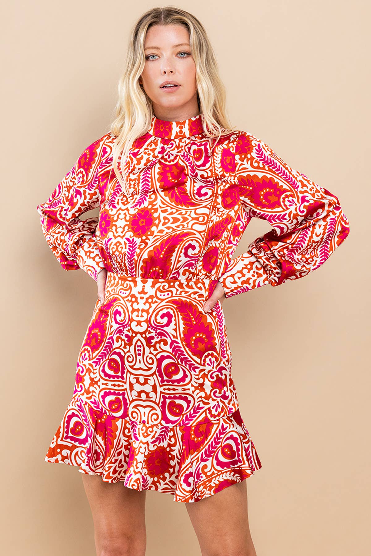 Women's Magenta Printed Long Sleeve Mini Dress