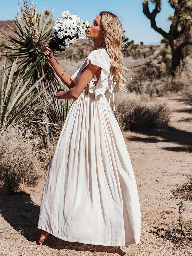 Women's Plunging Neckline Drawstring Cover Up Maxi Dress / Apricot Linen