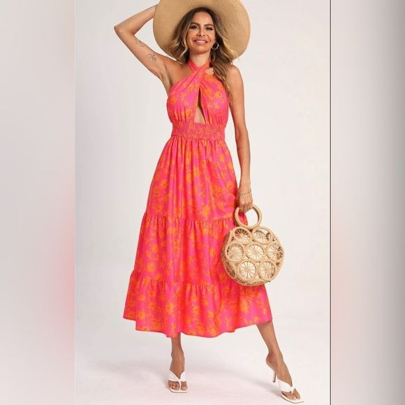Women’s FS Collection halter neck, front criss cross tie back maxi dress in fuchsia pink - Miss Dressy 