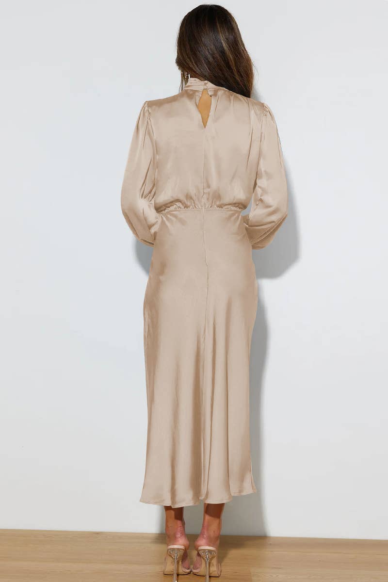 Women's elegant champagne satin midi dress