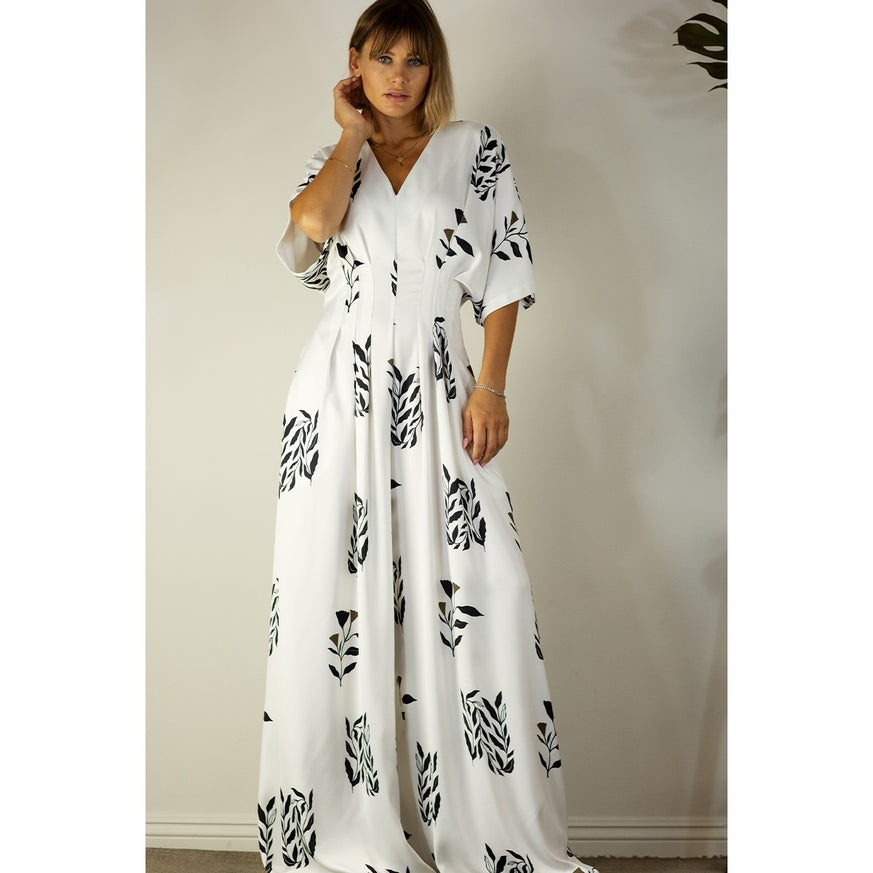 Women's Mulla Pleated Jumpsuit with Black Floral Print - Miss Dressy 