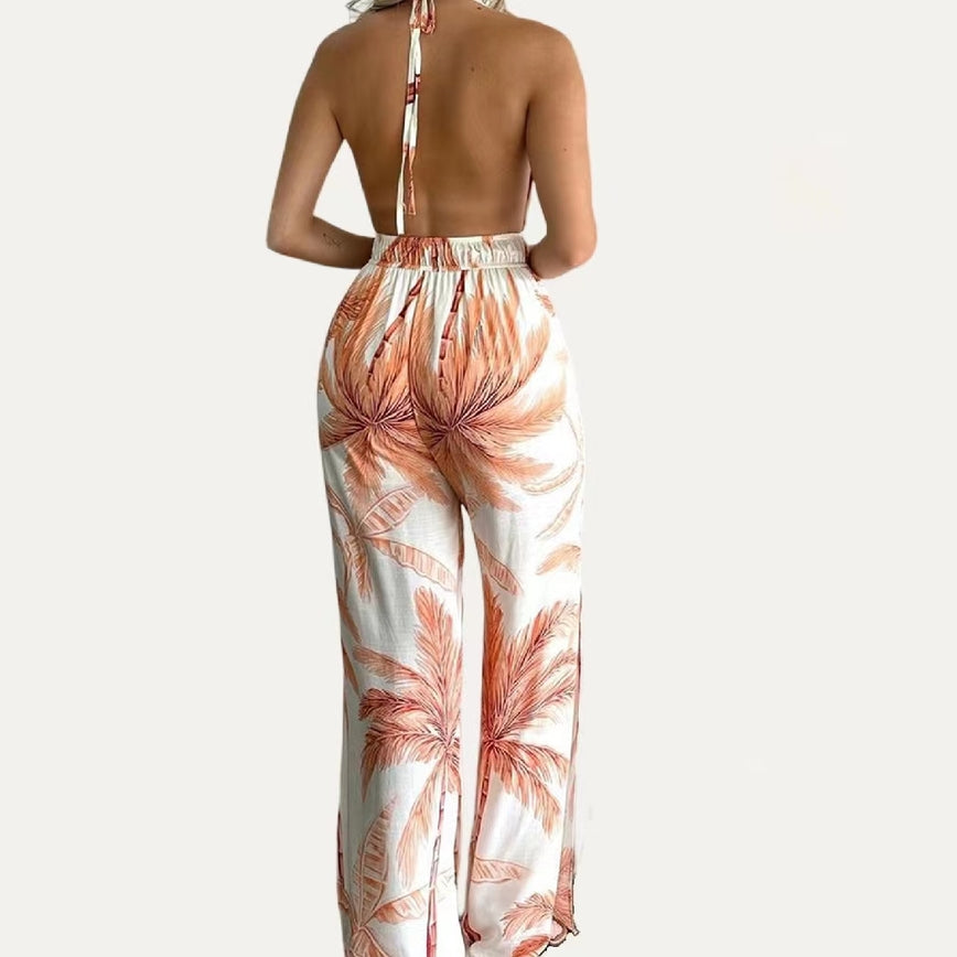 Women’s Apricot & White Leaf Print Halter Sleeveless Wide-Leg Jumpsuit