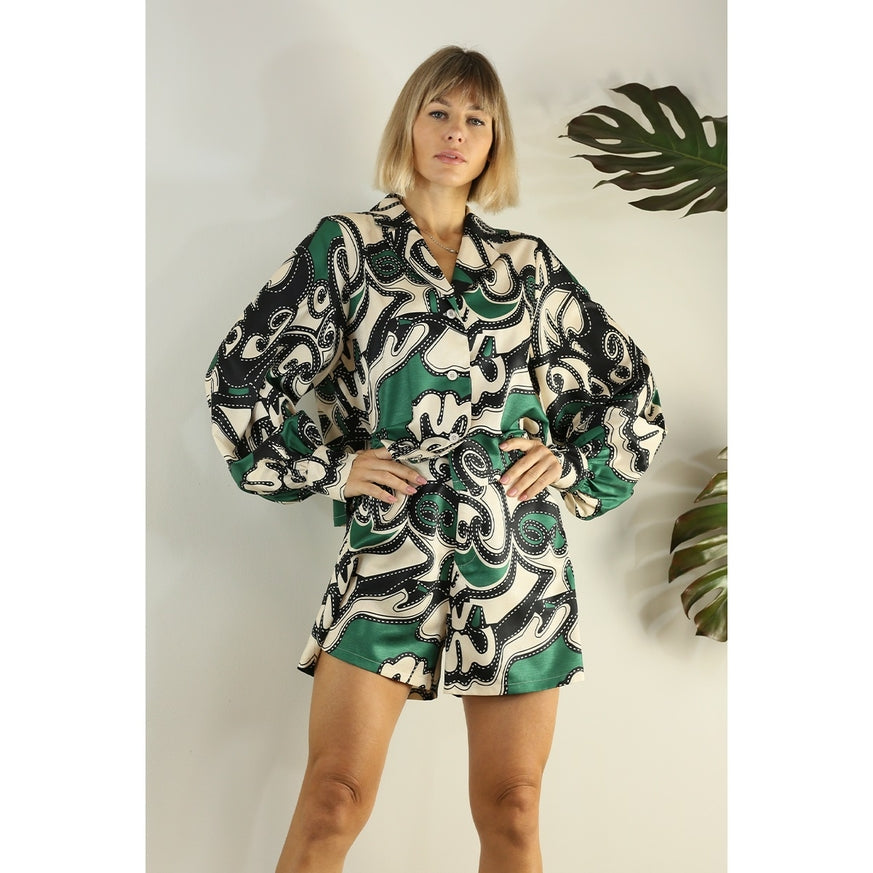 Women's Mulla Green Patterned Shirt & Short Set - Miss Dressy 