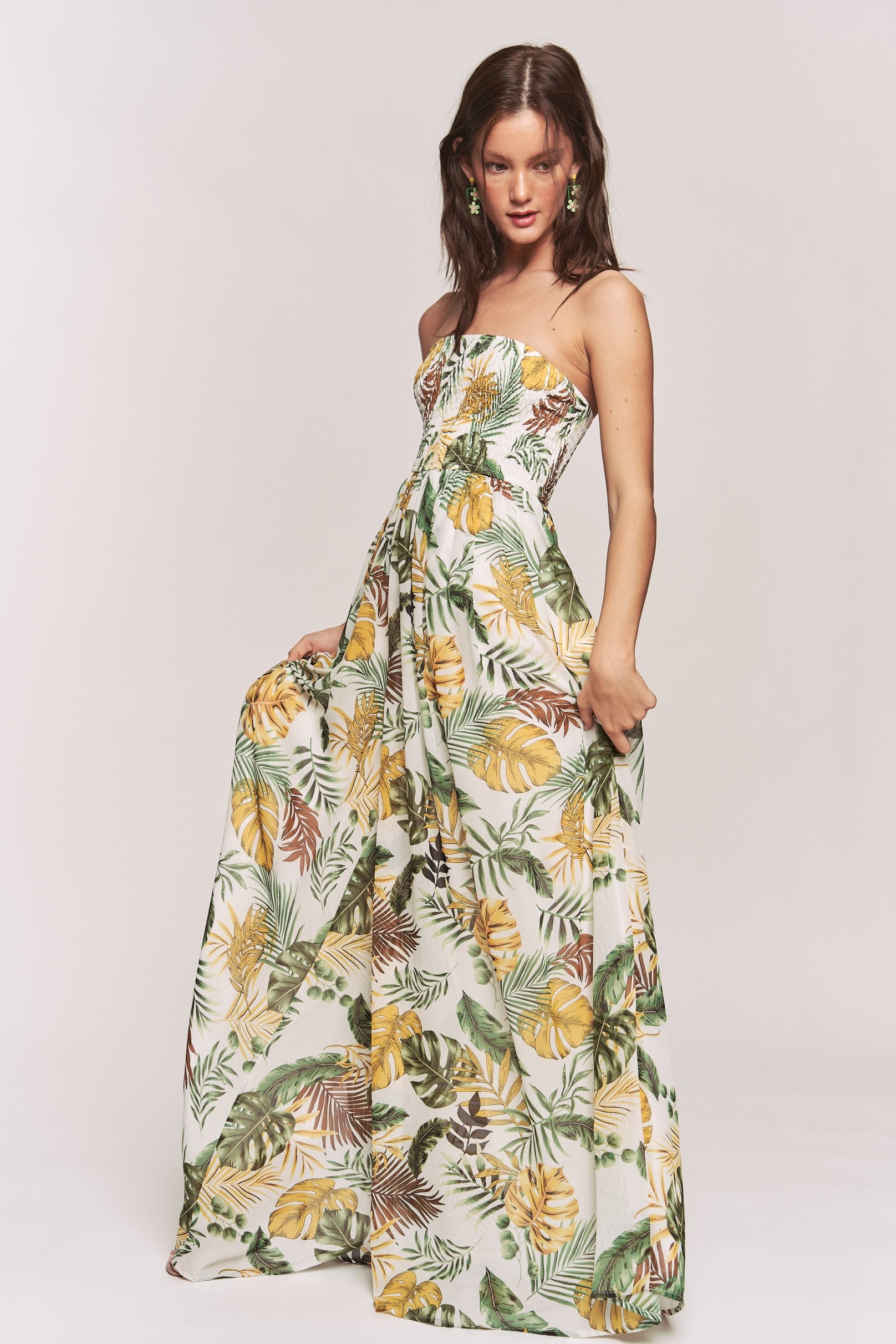 Women's Hers & Mine Leaf Print Smocked Tube Top Wide Leg Jumpsuit - Miss Dressy 