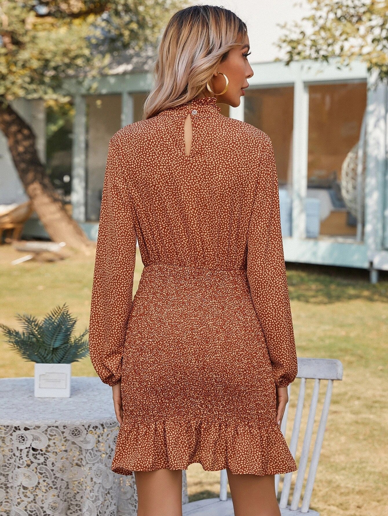 Women's ePretty Smocked Long Sleeve Mock Neck Leopard Dress - caramel - Miss Dressy 
