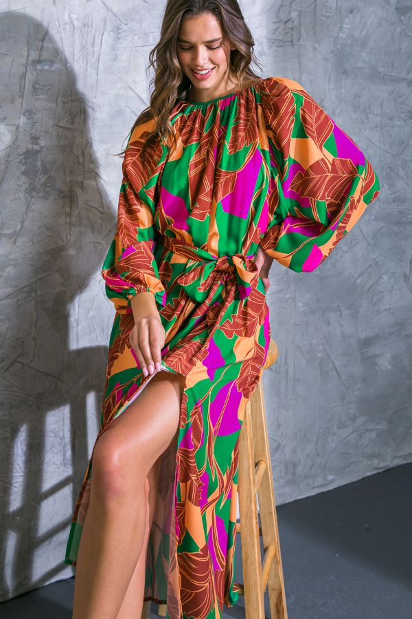 Women's Flying Tomato Leaf Print Gathered Neckline Midi Dress