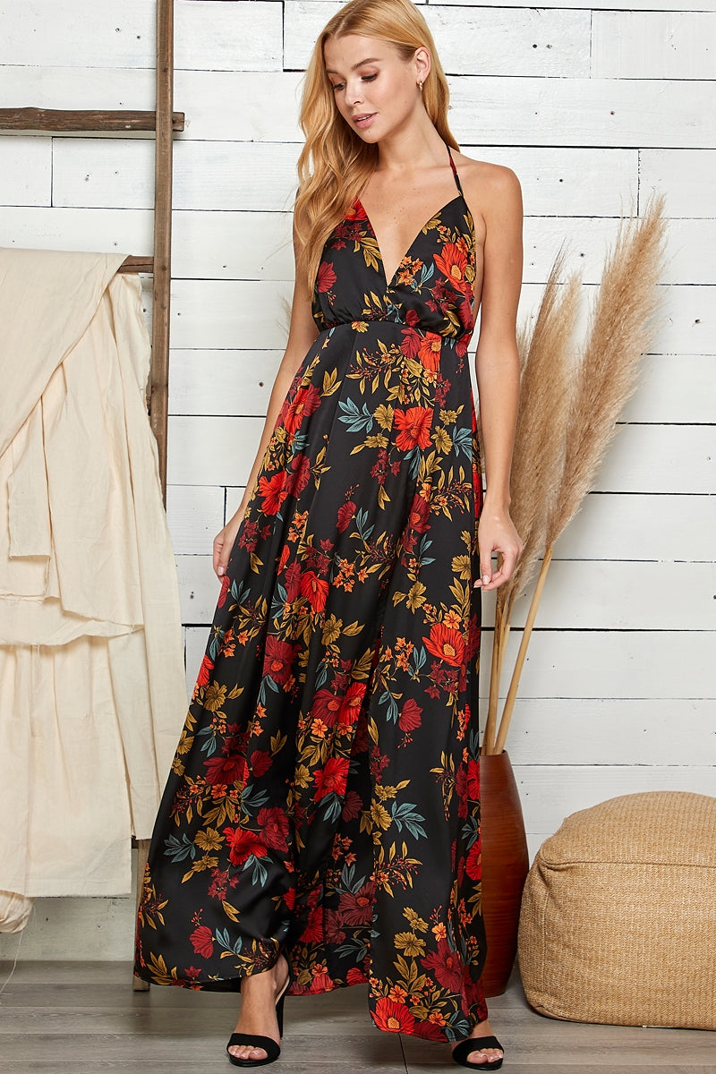 Women's Sweet Lemon Floral Print Halter Neck Maxi Dress - Miss Dressy 