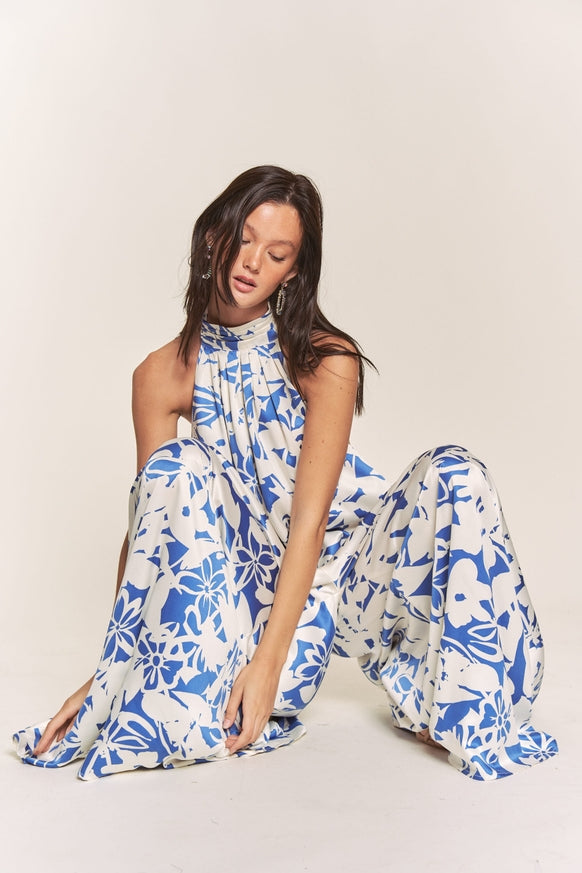 Women's Hers & Mine Butter Satin Pleated Halter Wide Leg Jumpsuit - Miss Dressy 