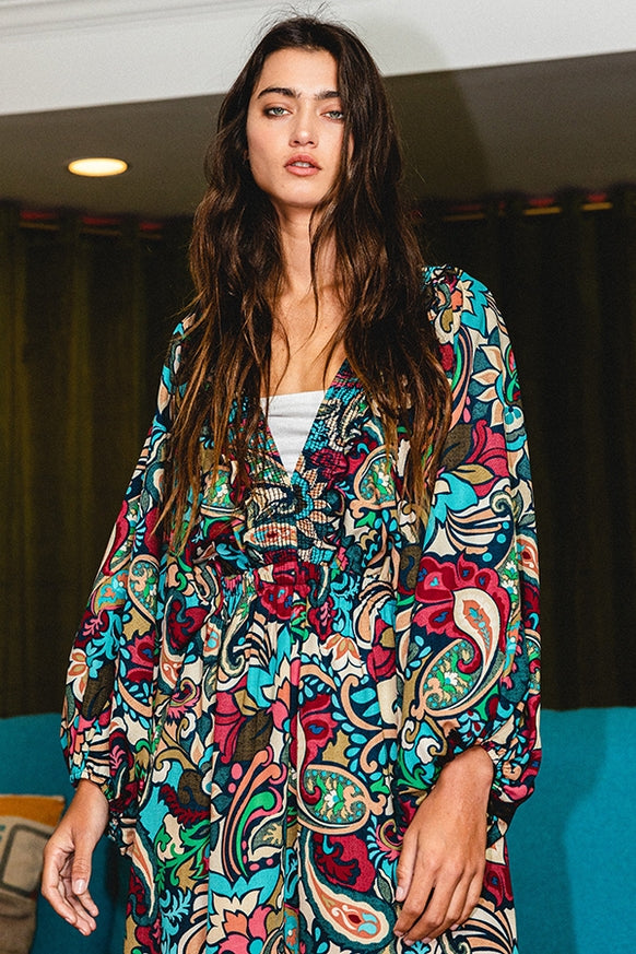 Women's Bucketlist Paisley Smocked Ruffled V-Neck Jumpsuit Teal multi-color - Miss Dressy 