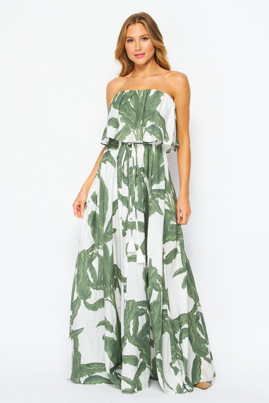 Women's Strapless Palm Printed Layered Maxi Dress - GREEN