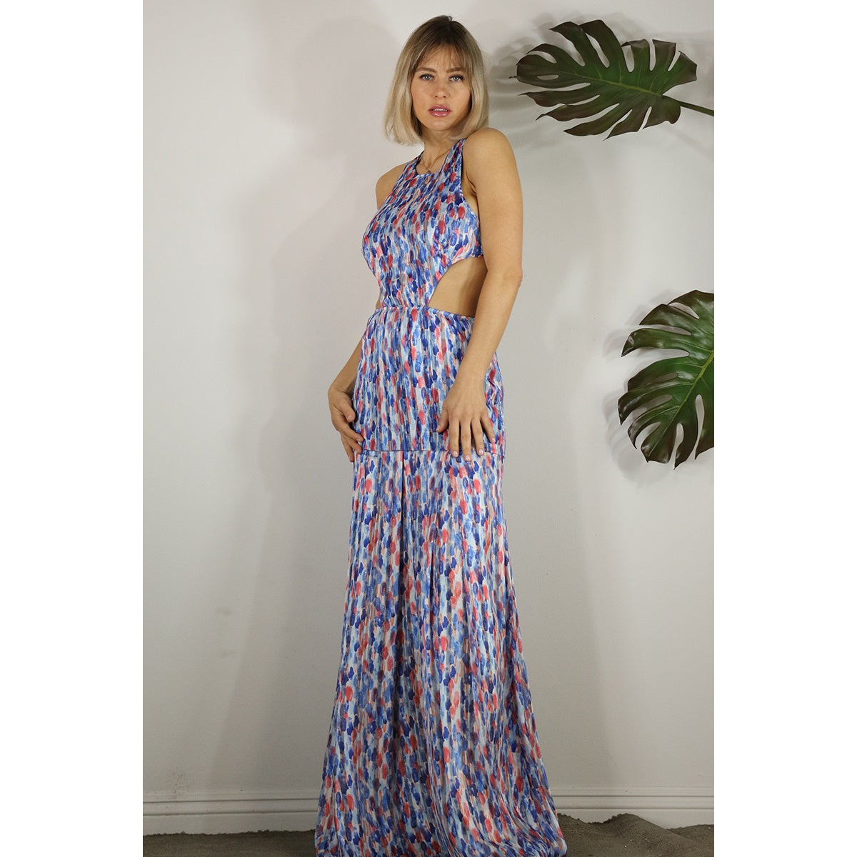 Women's Mulla Drop Print Back Open Maxi Dress in multi-blue pattern - Miss Dressy 