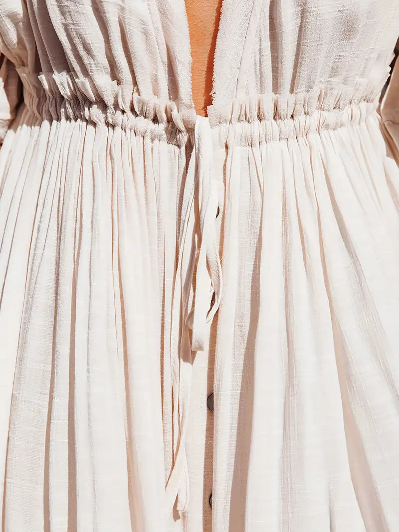Women's Plunging Neckline Drawstring Cover Up Maxi Dress / Apricot Linen