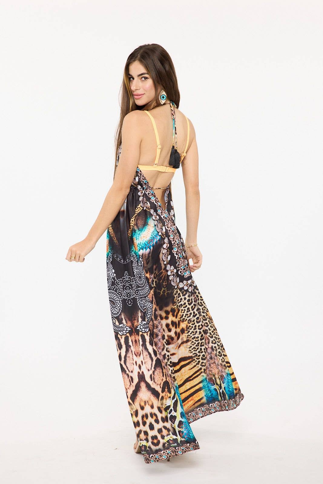 Women's Aqua Animal Print Halter Maxi Dress