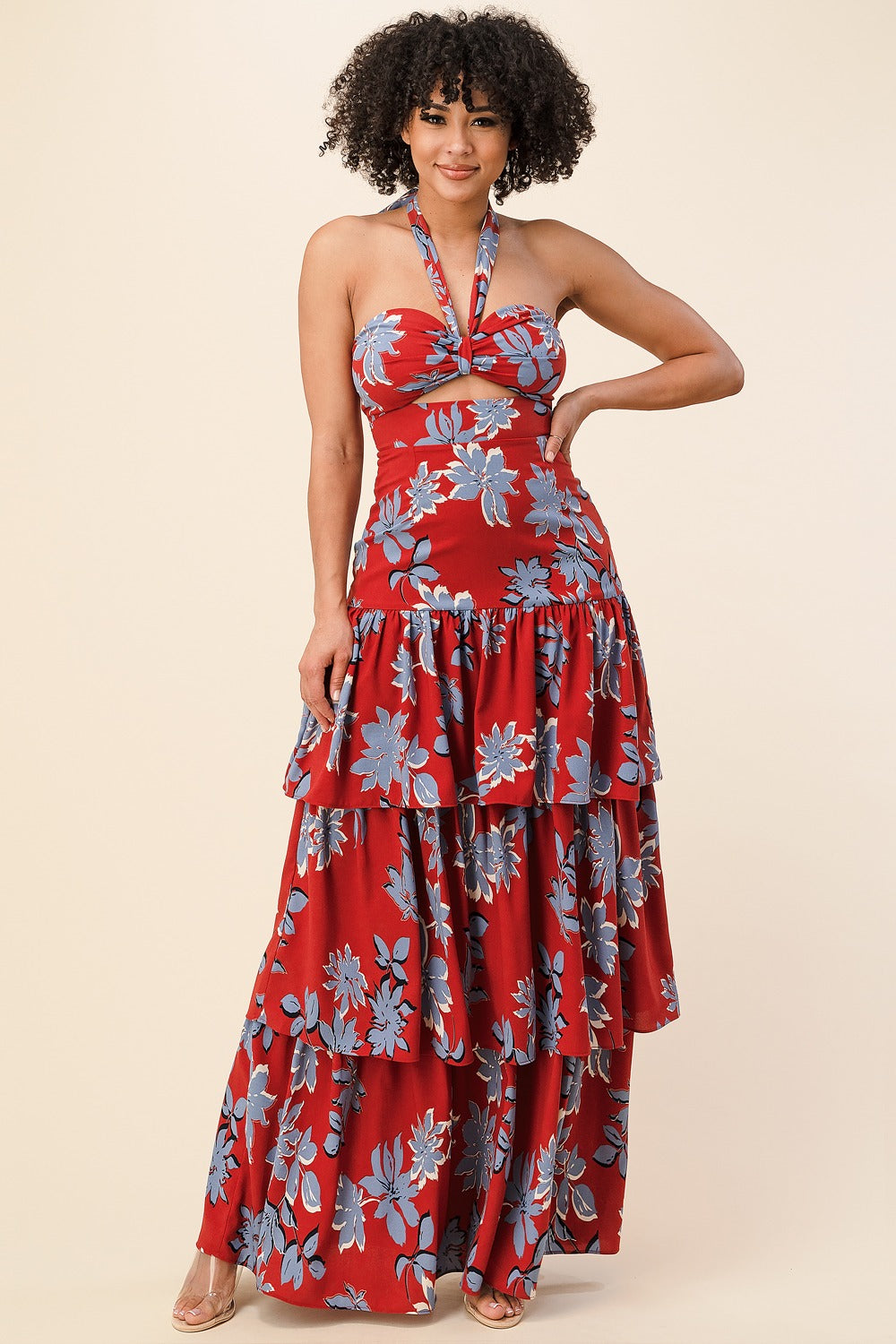 Women's Rust and Blue Floral Halter Neck Maxi Dress