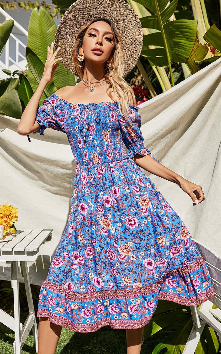 Women's FS Collection Blue & Pink Floral Print Boho Bardot Midi Dress - Miss Dressy 