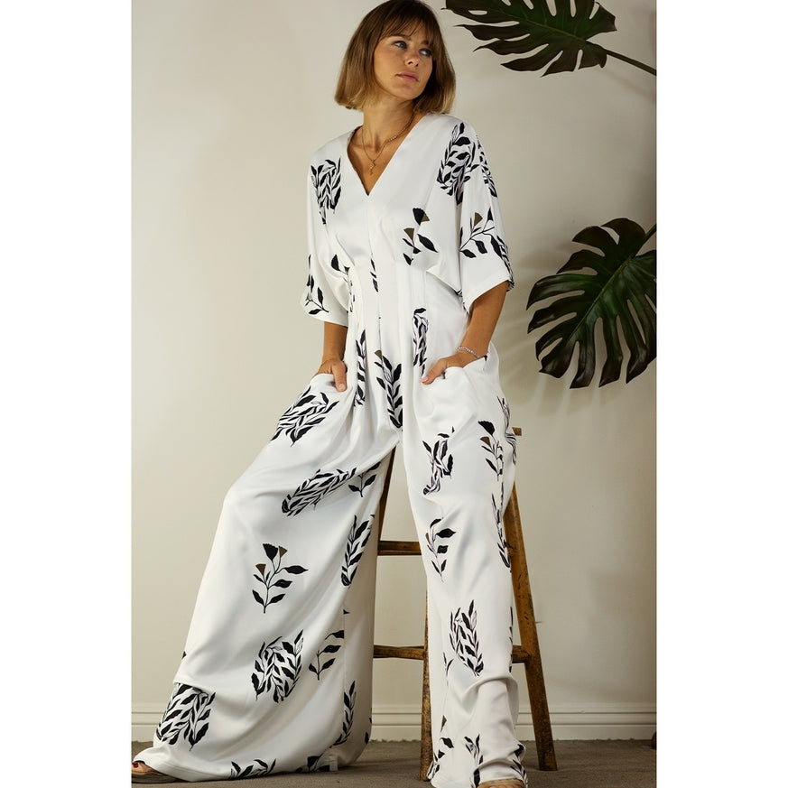 Women's Mulla Pleated Jumpsuit with Black Floral Print - Miss Dressy 