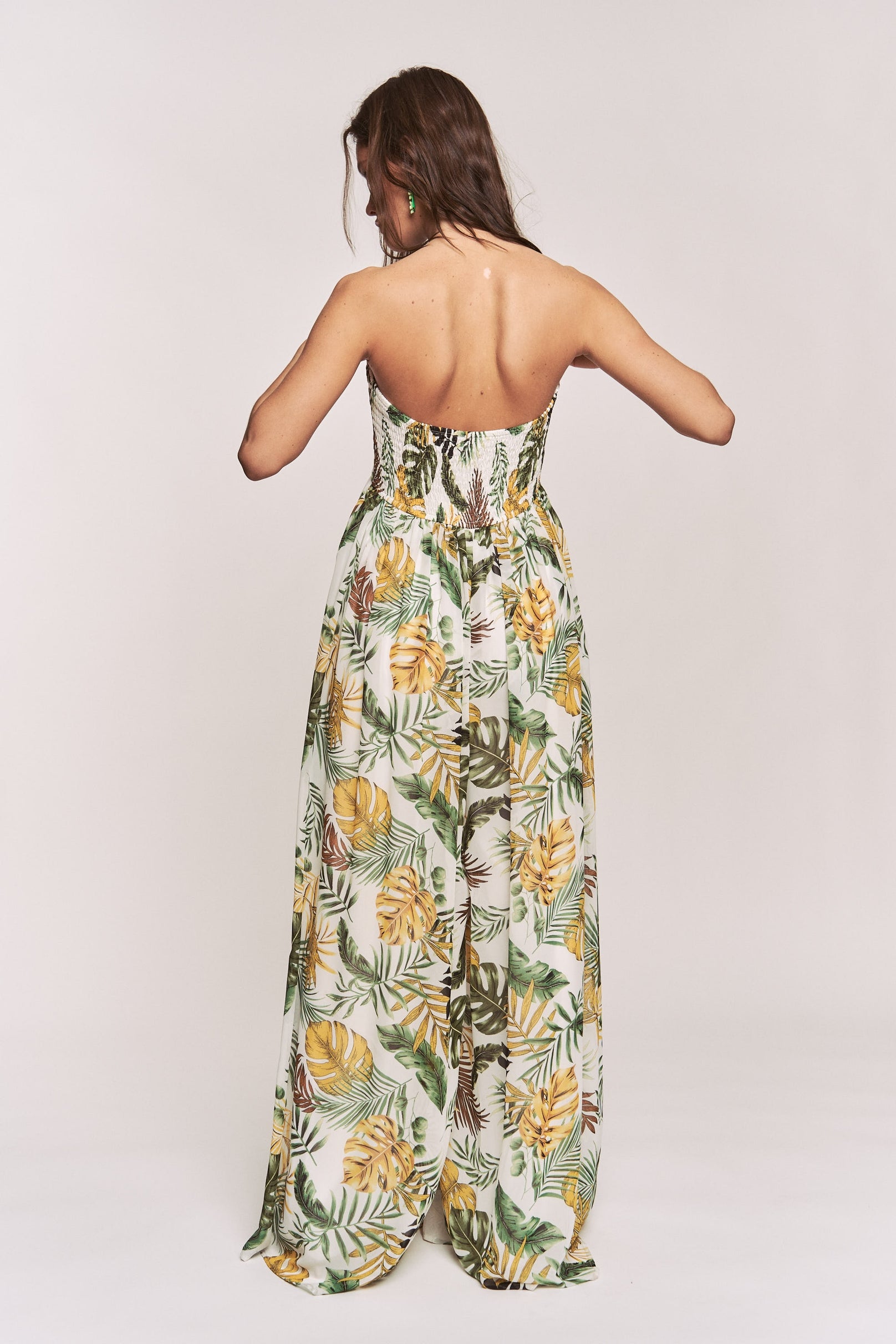 Women's Hers & Mine Leaf Print Smocked Tube Top Wide Leg Jumpsuit - Miss Dressy 