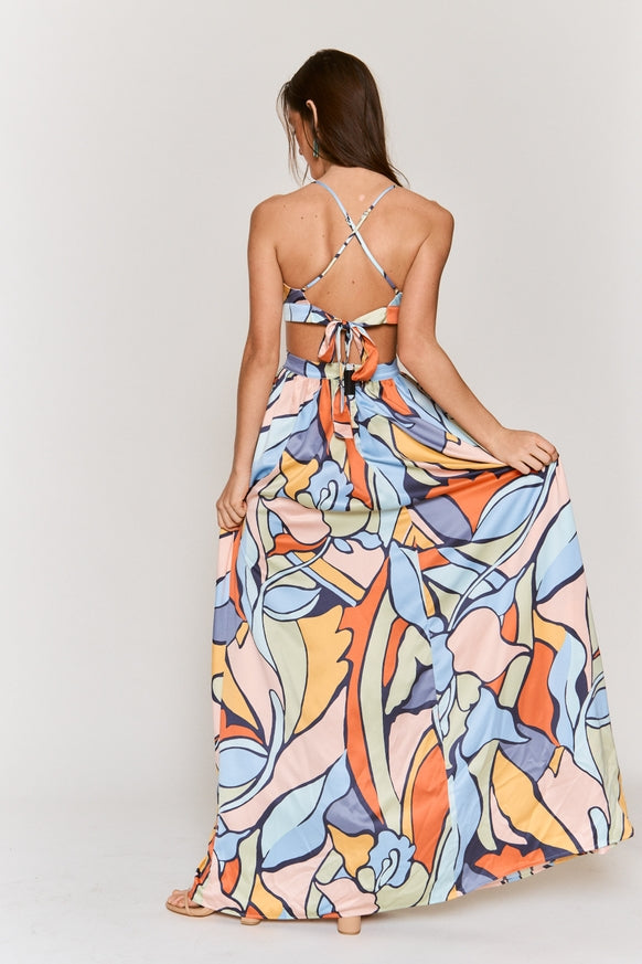 Women's Hers & Mine Abstract Print Cut Out Tie Back Maxi Dress - Miss Dressy 