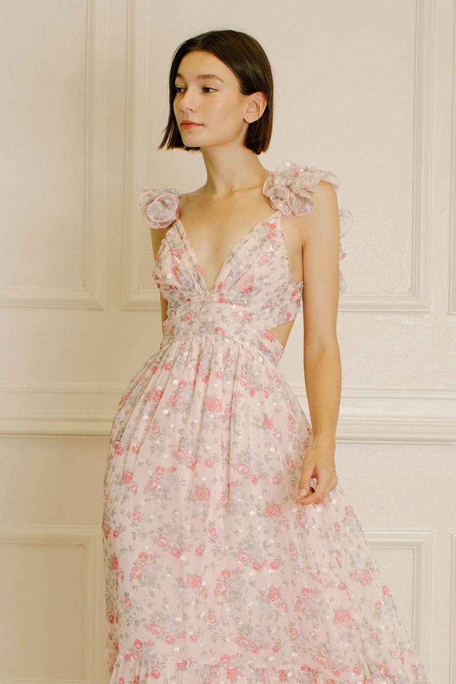 Women's Storia Floral Tiny Flowers Maxi Dress with criss-cross back tie - Miss Dressy 